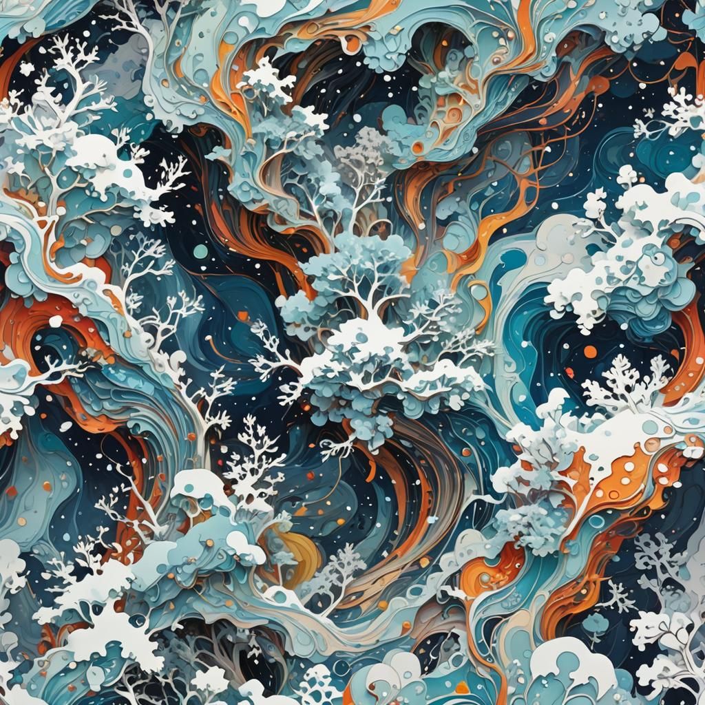 Steampunk Android in Icy Jungle, Geometric Charcoal Art