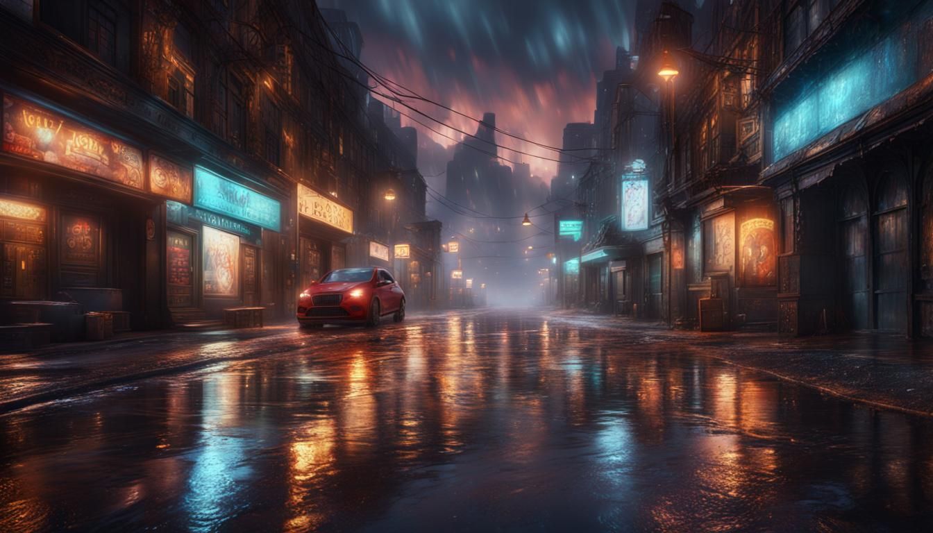 City Lights Reflect on Wet Street: Detailed Matte Painting