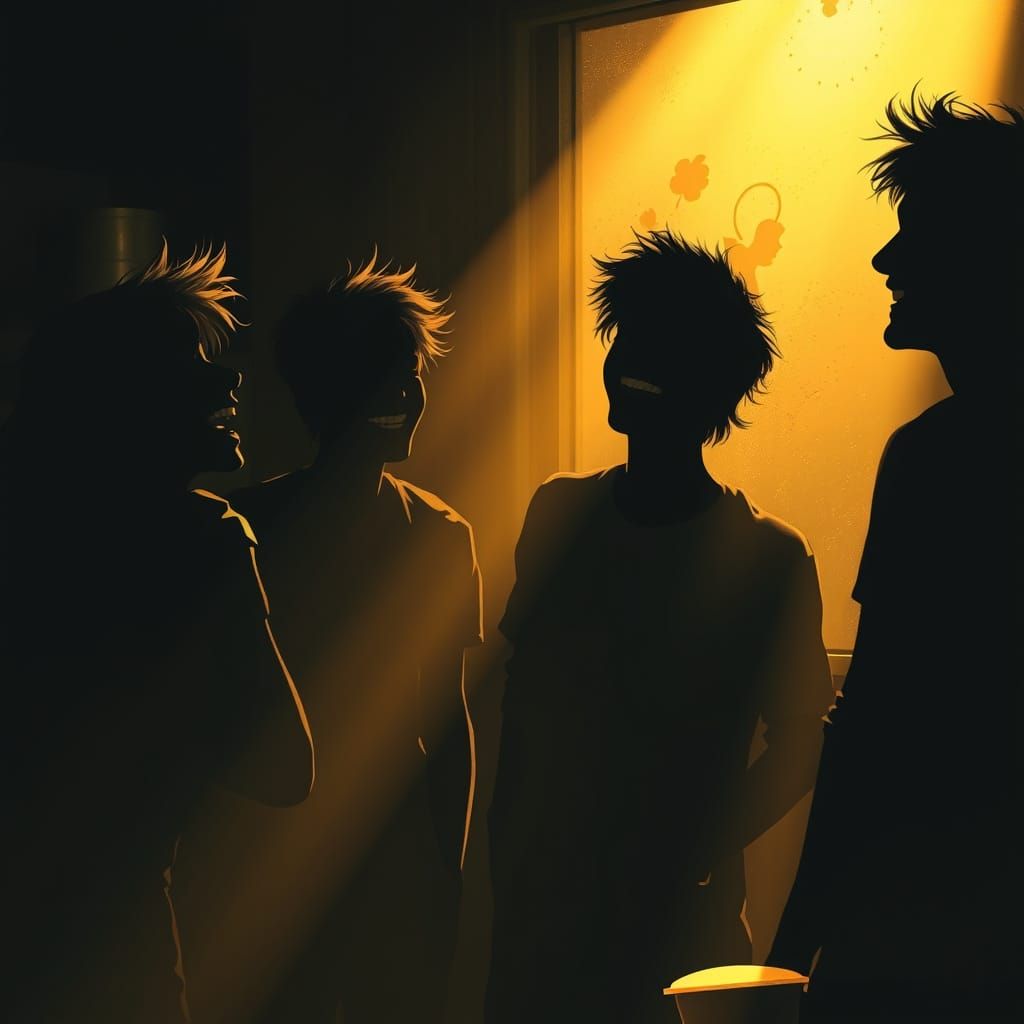 Young Shadows Gather in Mysterious Coffee Shop Glow