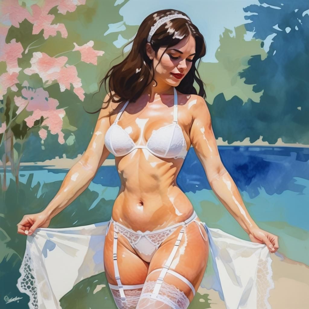 Brunette in White Lace: Gouache Impressionist Masterpiece