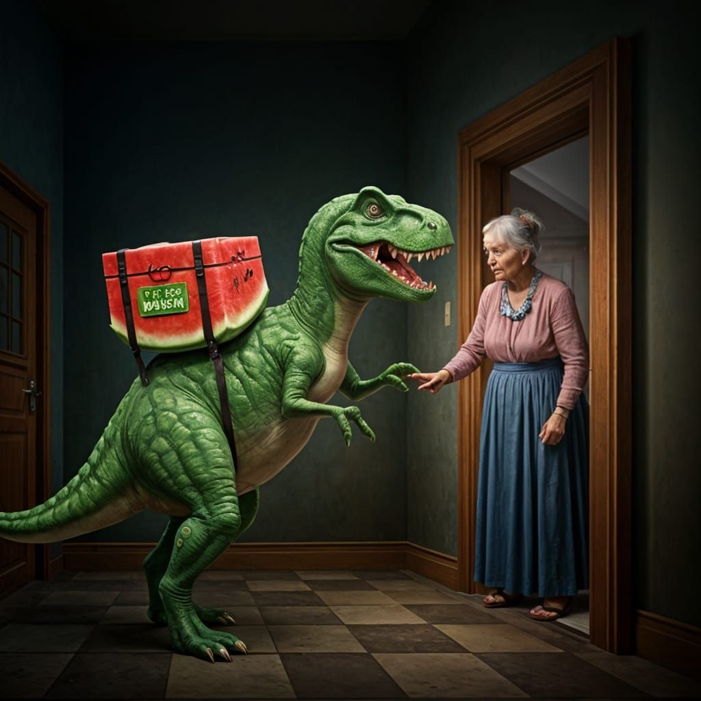 Watermelon Dinosaur Delivers Uber Eats, Caravaggio Style