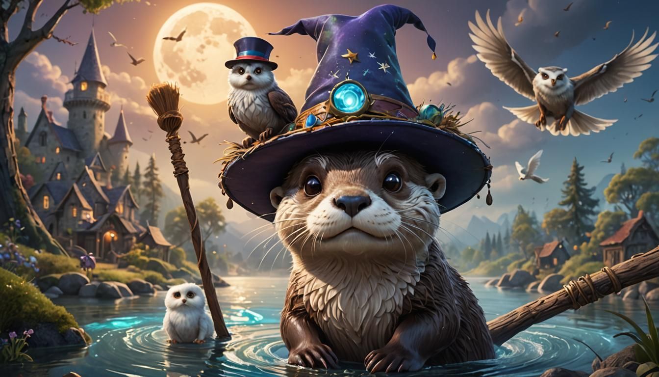 Otter Wizard with Flying Otters, Pixar Style
