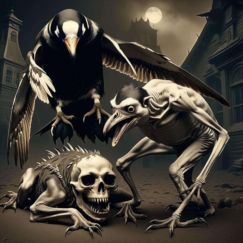 Grotesque Daemon and Penguin in Sepia Horror