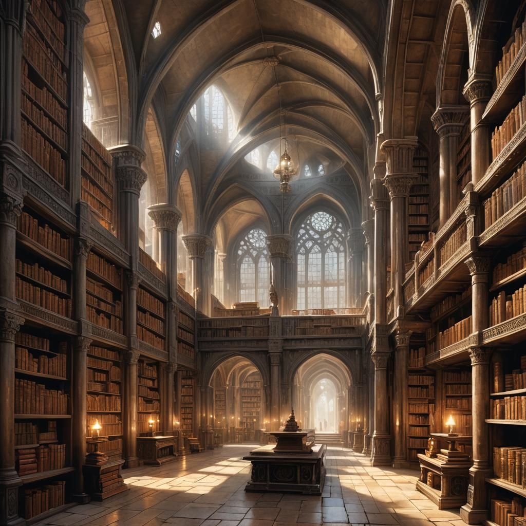 Mystical Temple Interior with Ancient Books