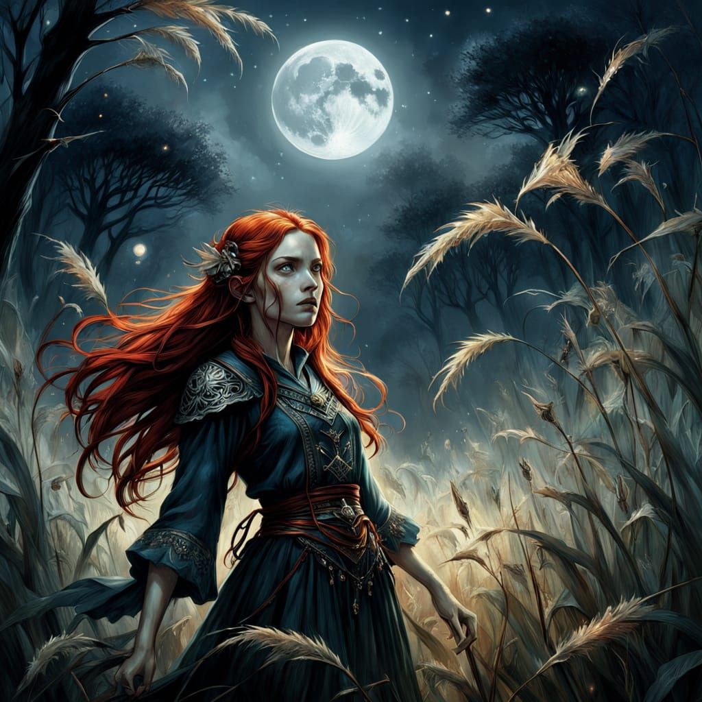 Mystical Redhead in Moonlit Field: Dark Fantasy Art