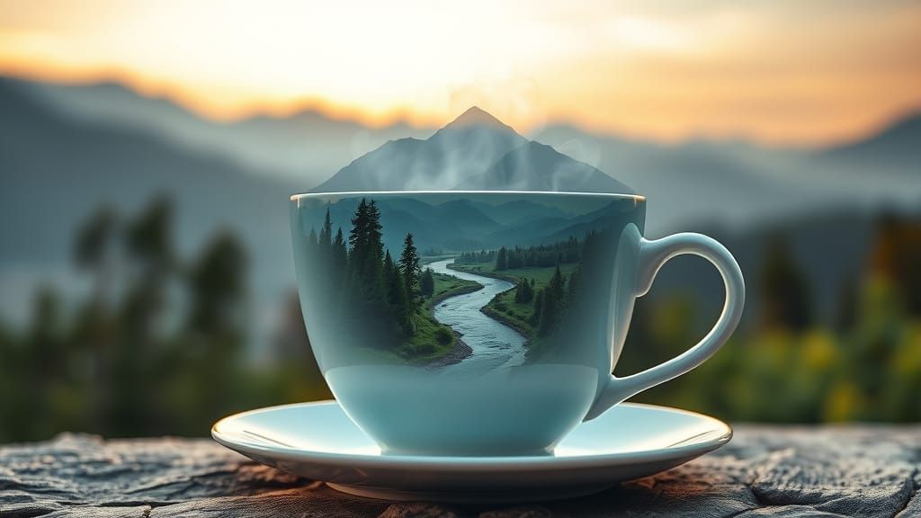 Porcelain Coffee Cup Holds Mountain Landscape at Sunrise