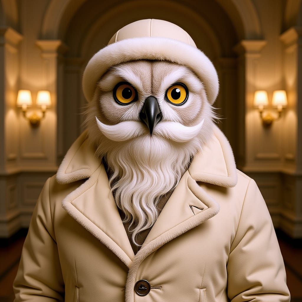 Fantastical Owl Portrait with Beard and Winter Coat