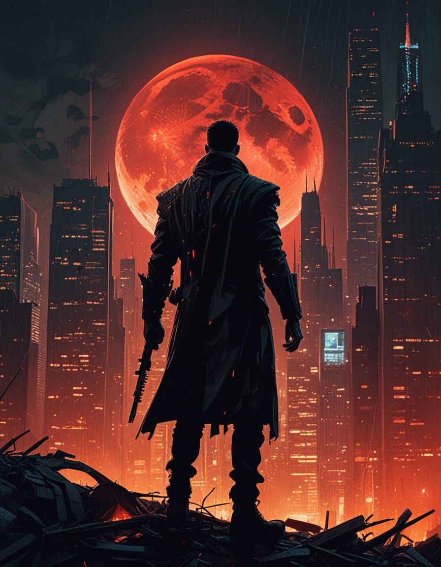 Cyberpunk Warrior Stands Against Dystopian Metropolis