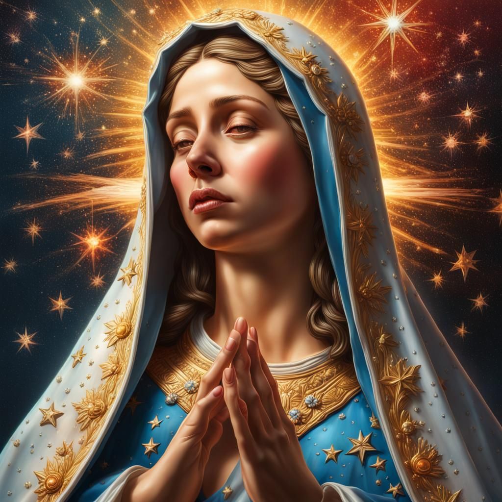 Pregnant Virgin Mary Surrounded by Stars: Hyperrealistic Art
