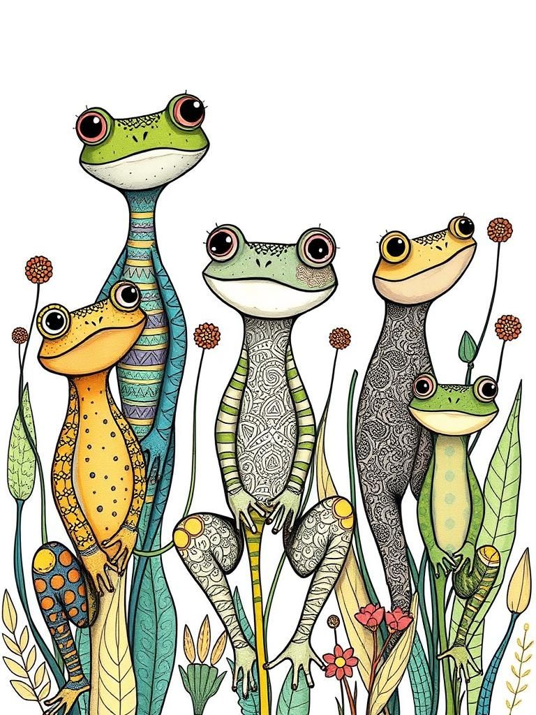 Whimsical Abstract Frogs in Textile Print Style