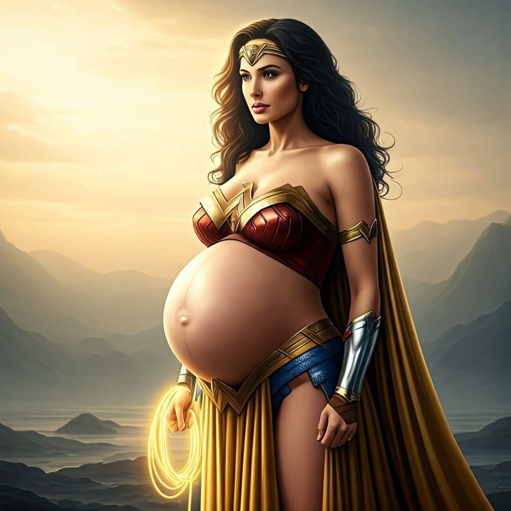 Pregnant Wonder Woman in a Golden Amazonian Warrior Gown