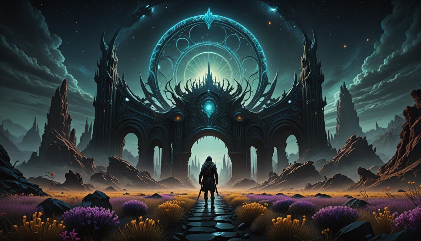 Lone Wanderer at Alien Gate: Pre-Raphaelite Fantasy