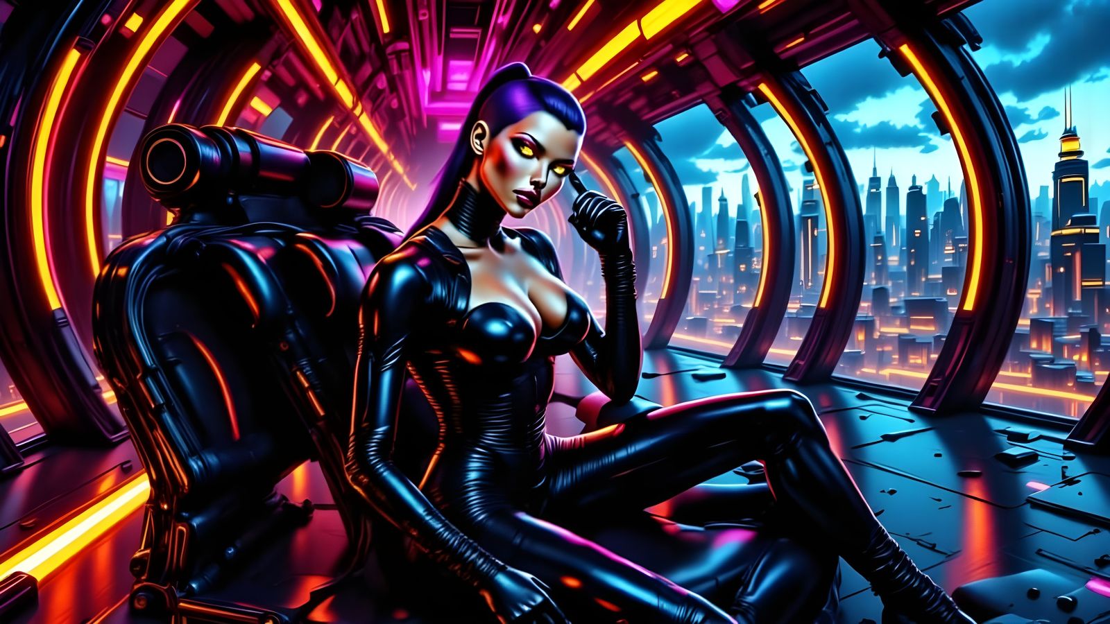 Cyberpunk Queen on Throne in Futuristic Penthouse