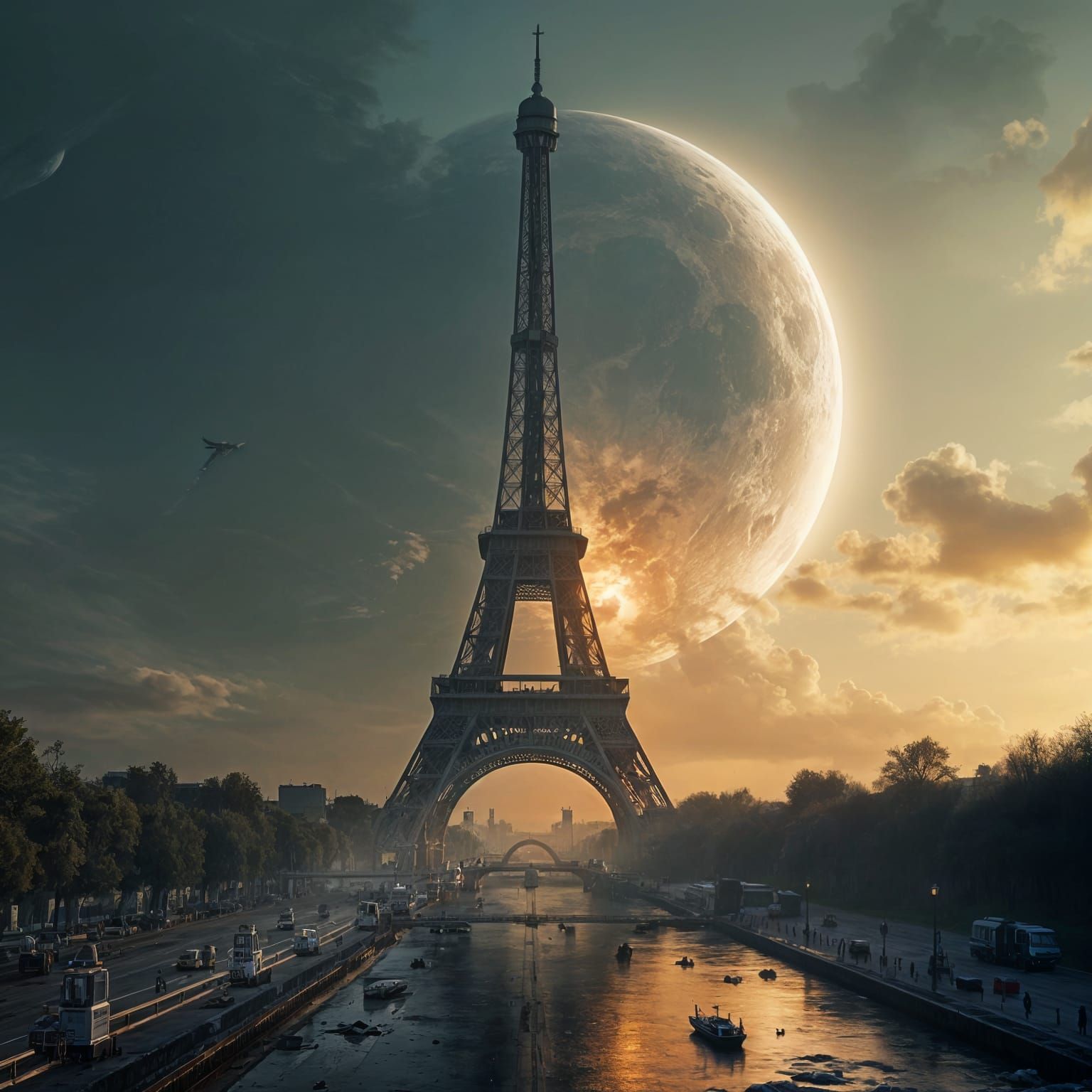 Crashing Moon Approaches Ruined Eiffel Tower