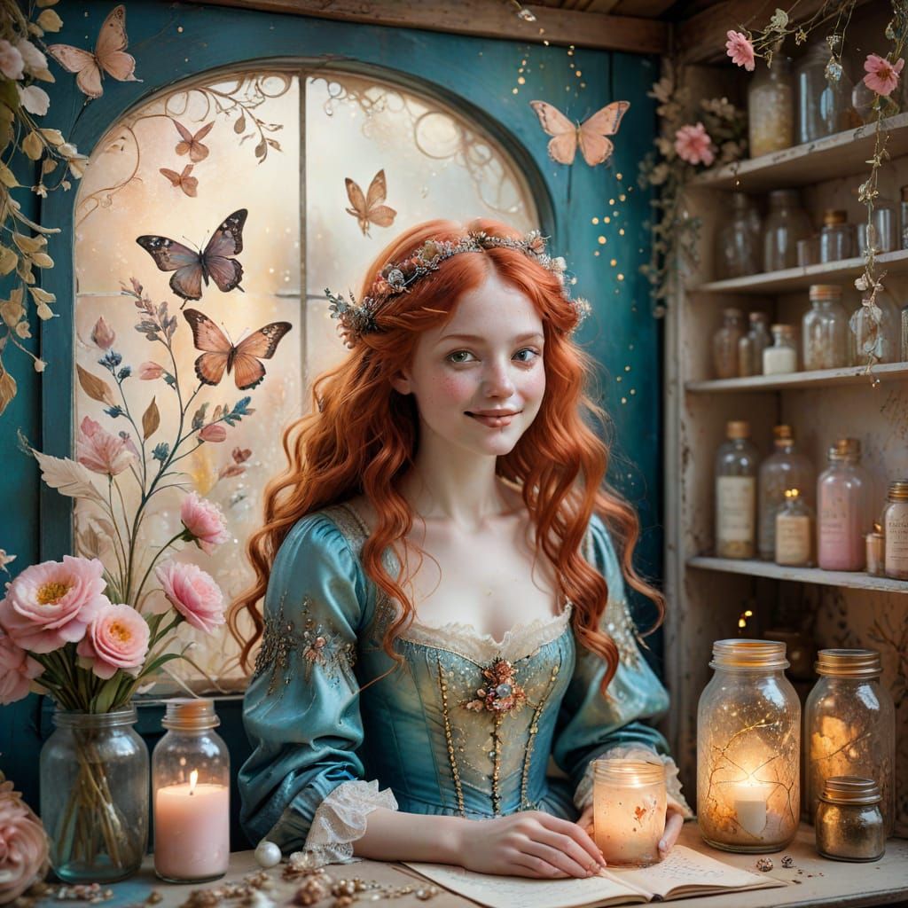 Ethereal Alchemist Fairy in a Whimsical Garden Shed