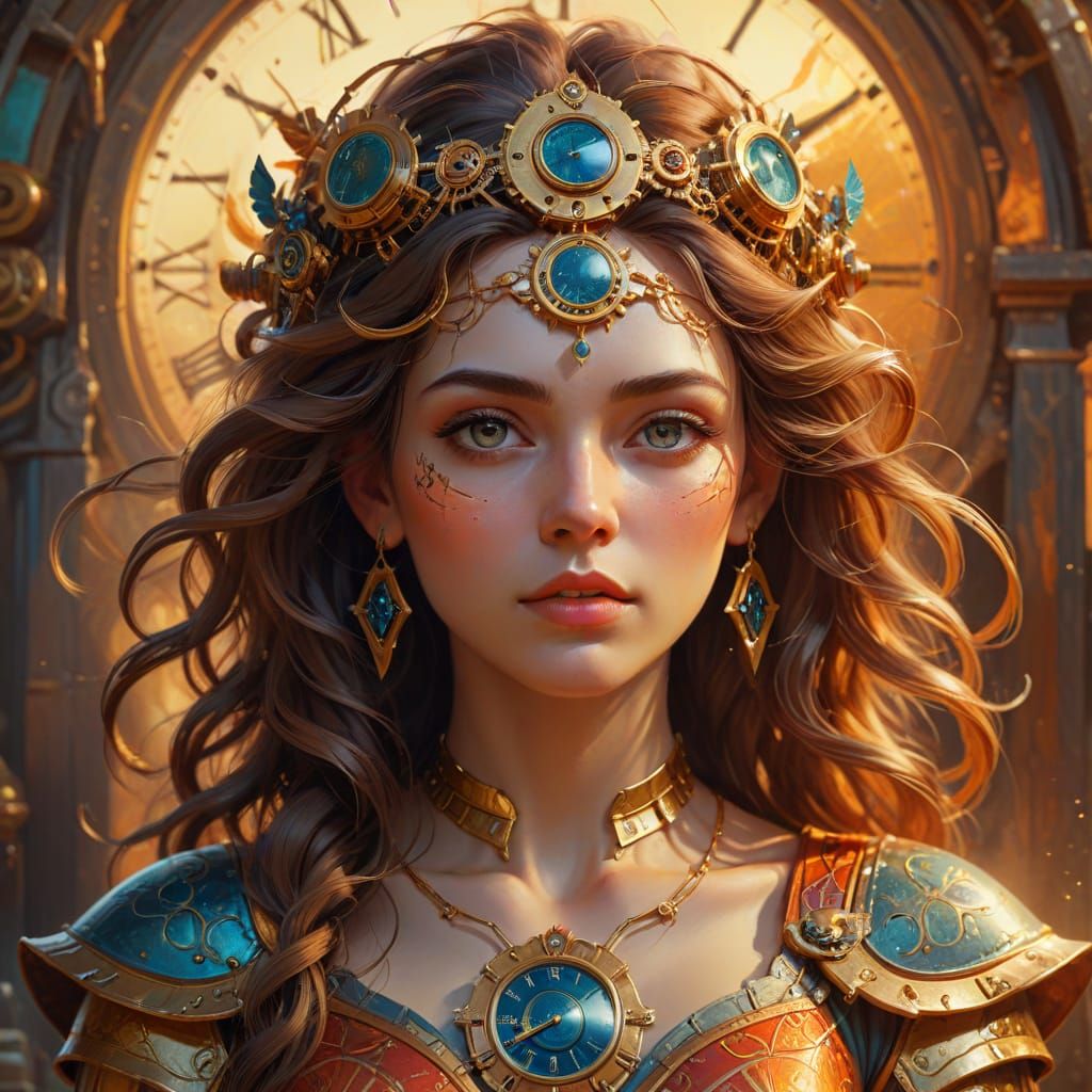 Goddess of Time: Vibrant Oil Painting in Golden Hour