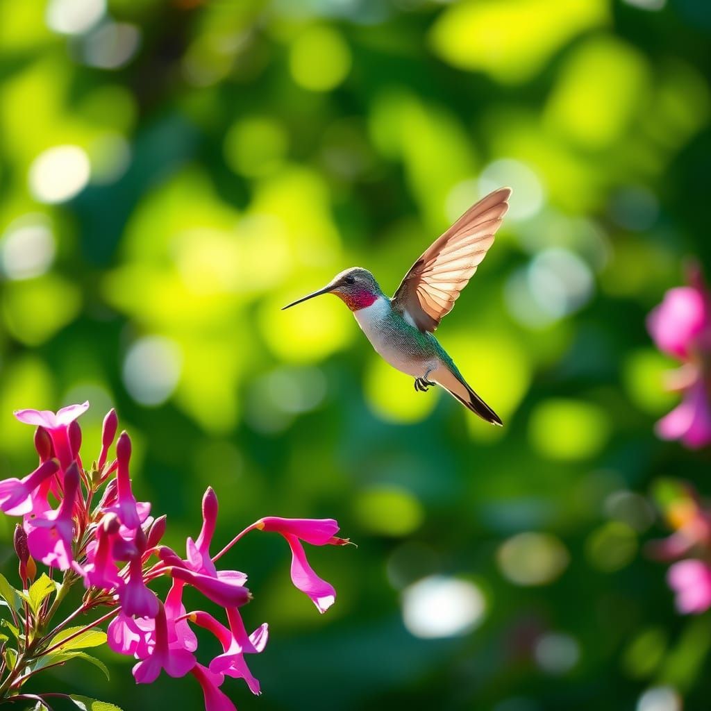 Hummingbird with Fuchsia Flowers in Morning Light
