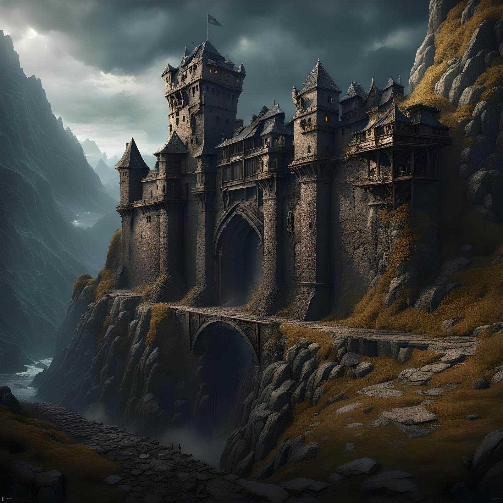 Dark Fantasy Fortress Guarding Mountain Passage