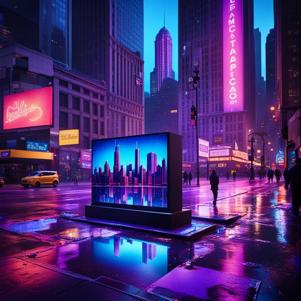 Futuristic Chicago Cityscape Diorama in Neon Lighting