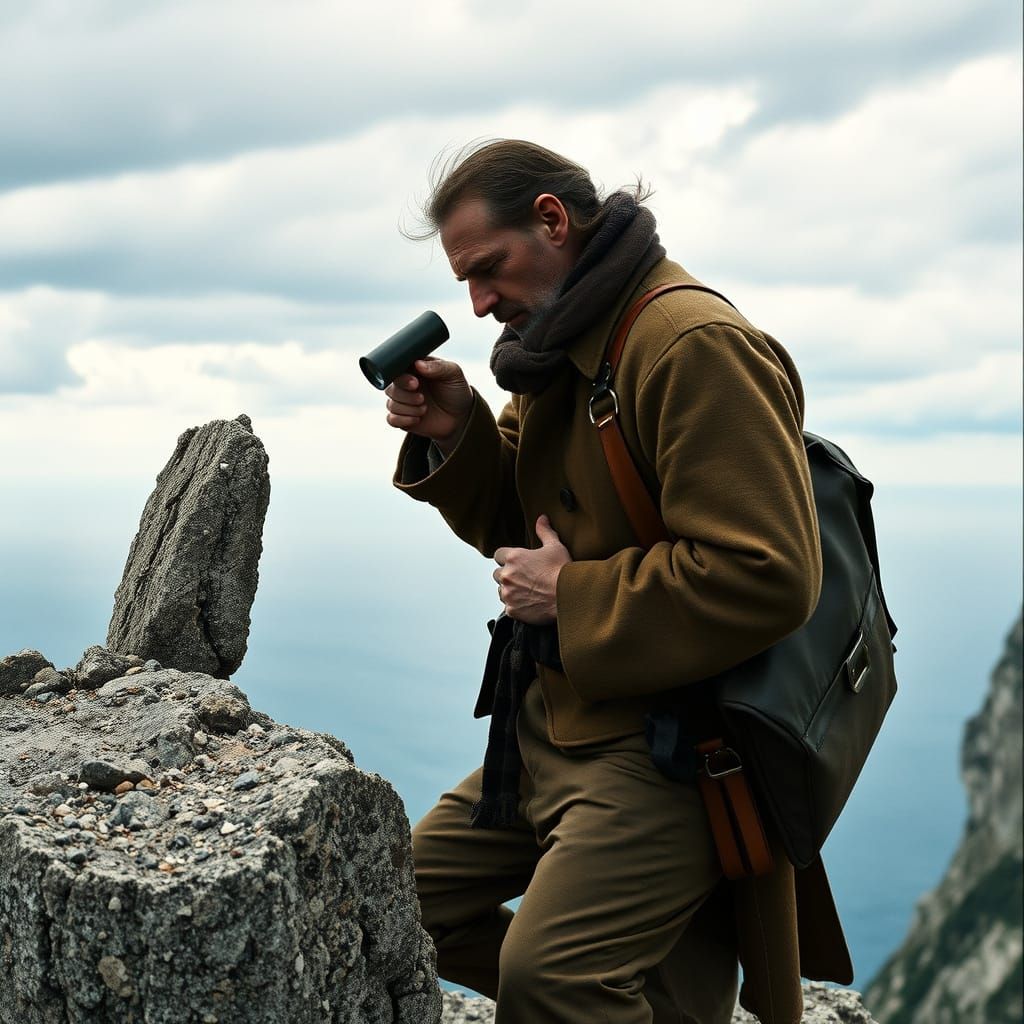 Italian Geologist on Windswept Cliff, Dramatic Sky