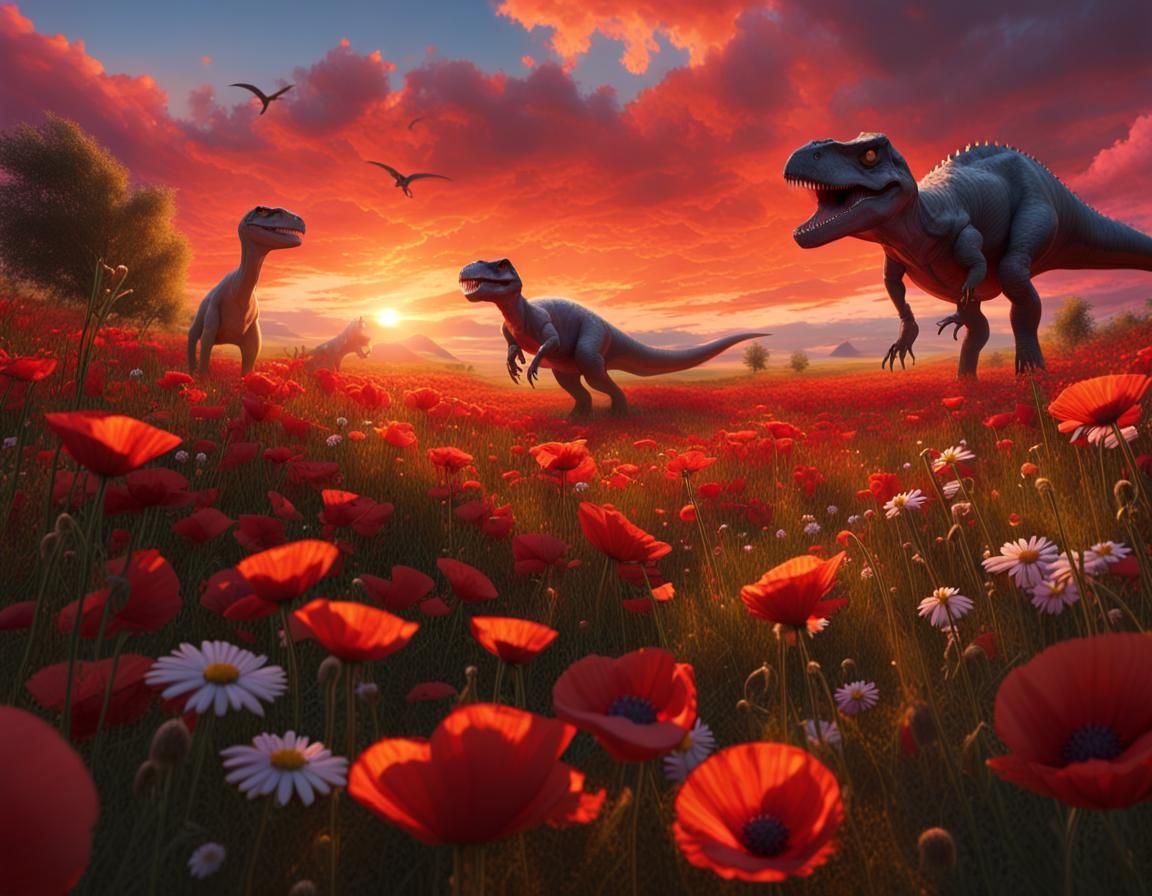 Dinosaurs in Red Sunset Meadow: Oil Painting
