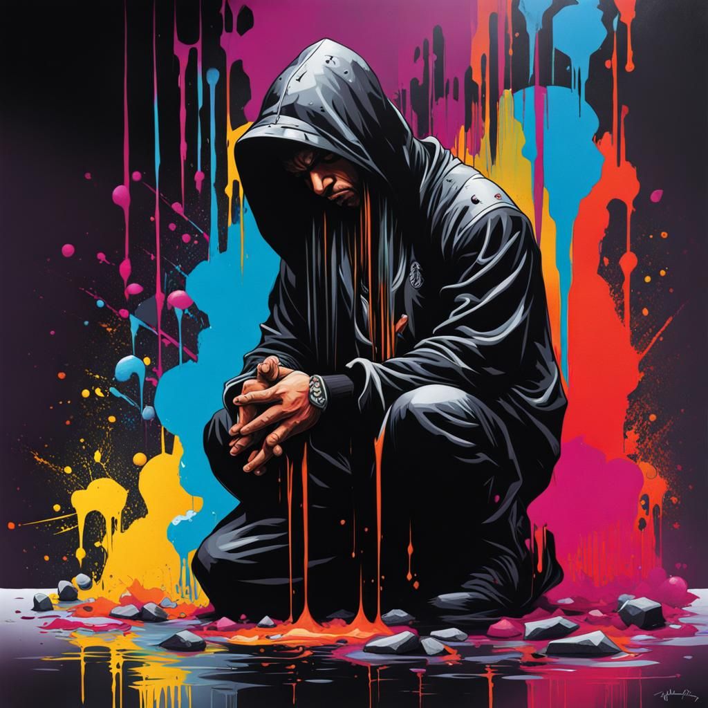 Goth Man Praying: Graffiti Art with High Contrast