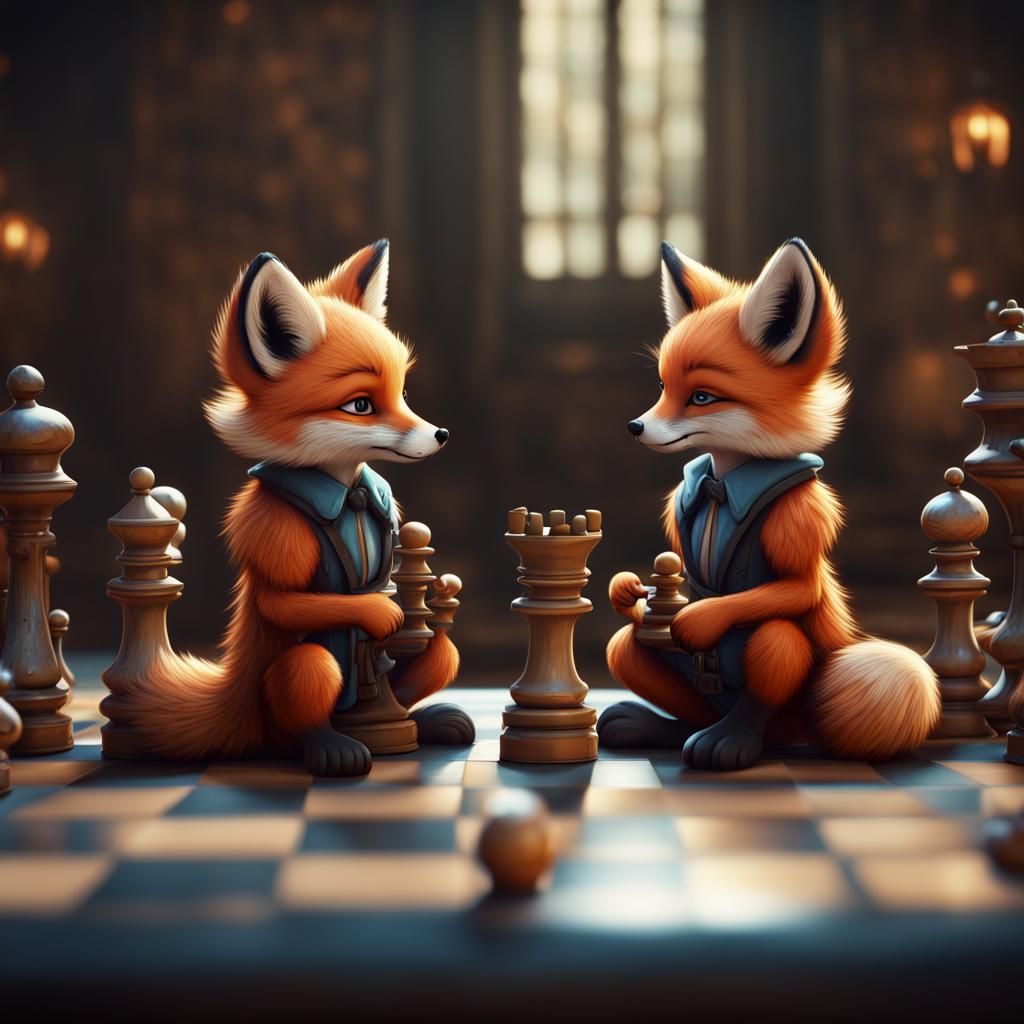 Fox Cubs Play Chess in Detailed Digital Art