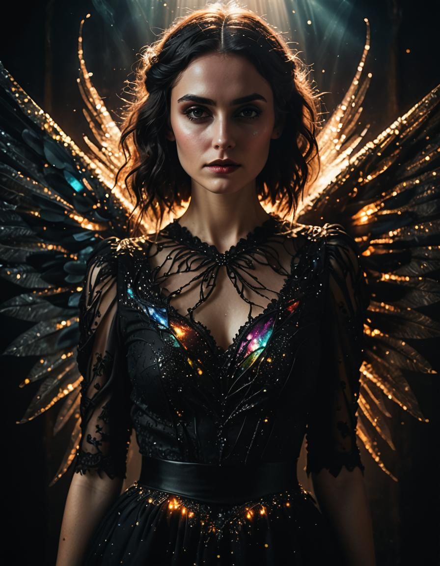 Woman with Iridescent Wings in Sunlight