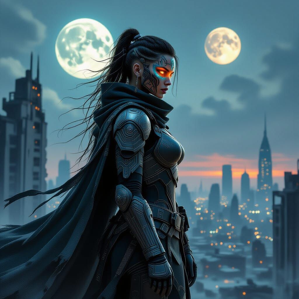 Cyberpunk Warrior Queen Overlooks Ruined City
