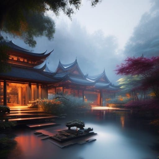 Thai Sukothai Garden at Night: Neo-Impressionist Digital Art