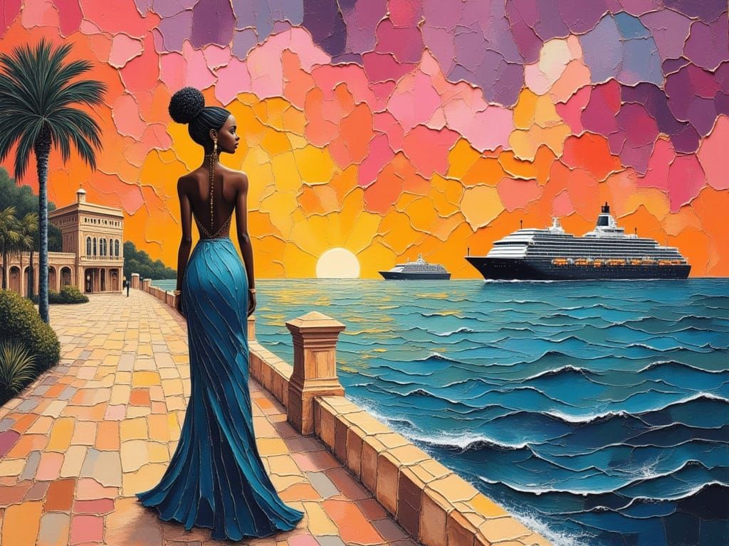 Elegant Woman on Riviera Pier, in Vibrant Realism Style