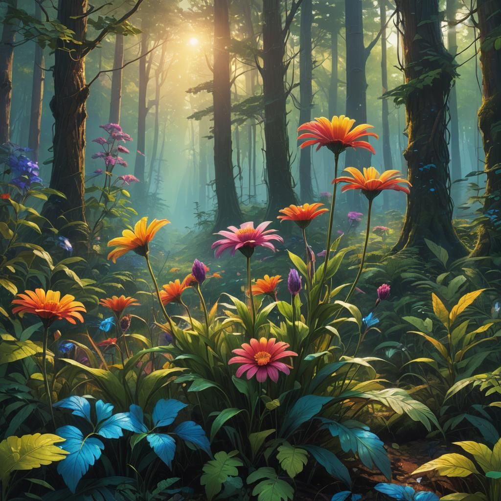 Rainbow Flower Blooms in Mystical Forest