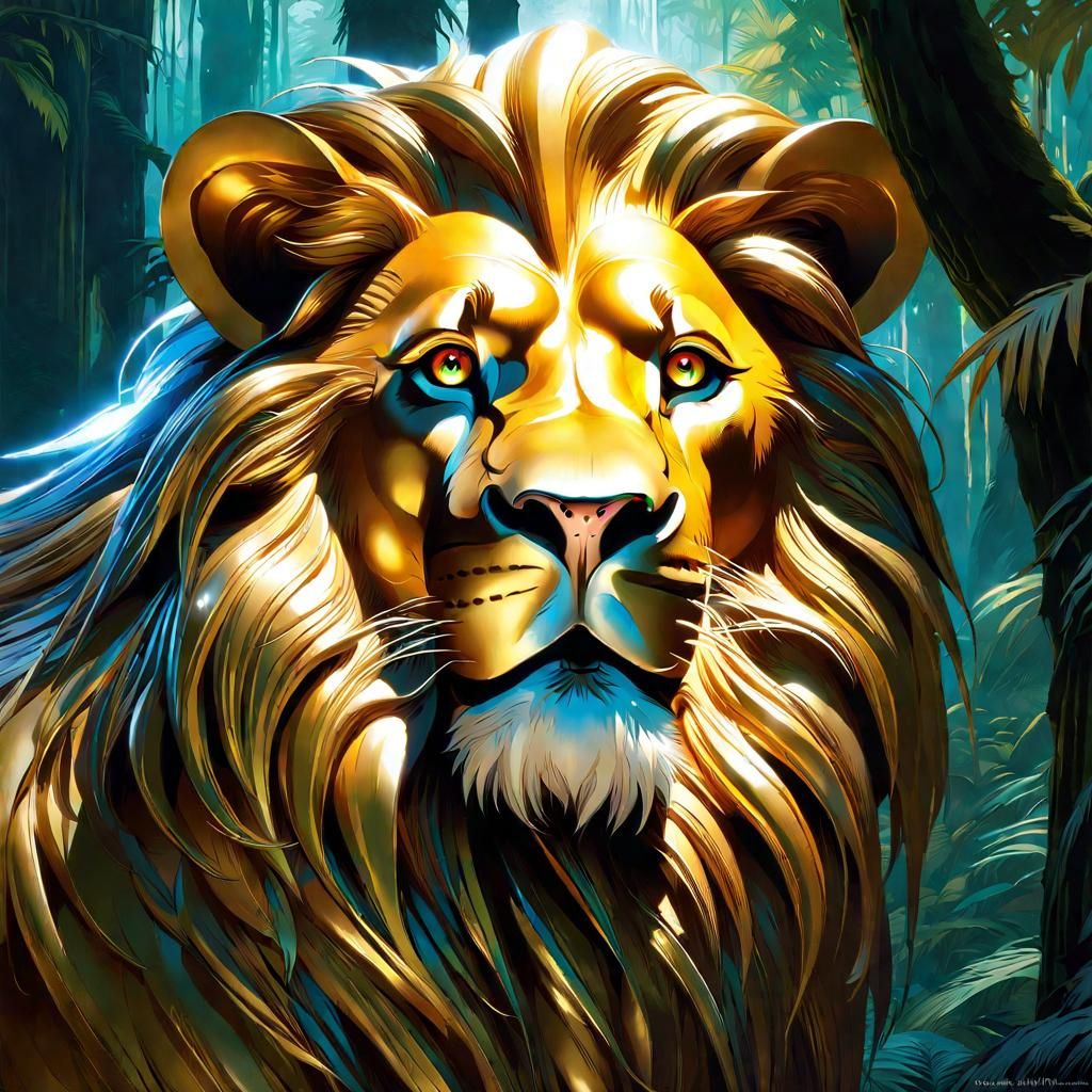 Whimsical Cowardly Lion in Bioluminescent Jungle Temple