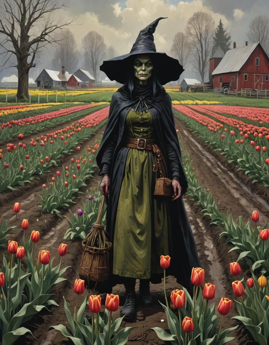 Sinister Tulip Farm Witch in Greg Rutkowski Style