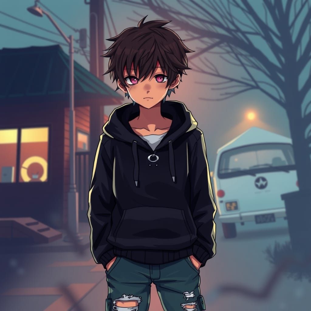 Manga Vampire Boy in Hoodie on Foggy Street