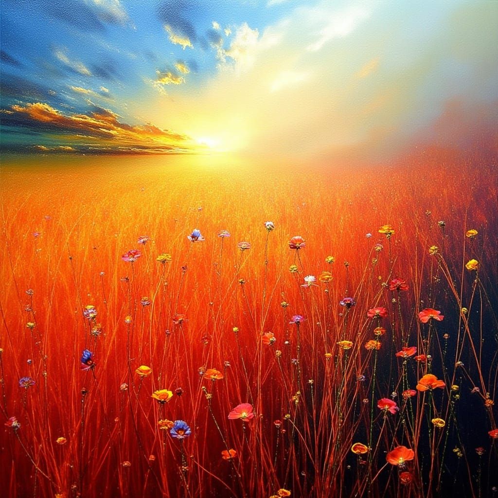 Abstract Wildflower Field Painting Orange Red Blue Fade