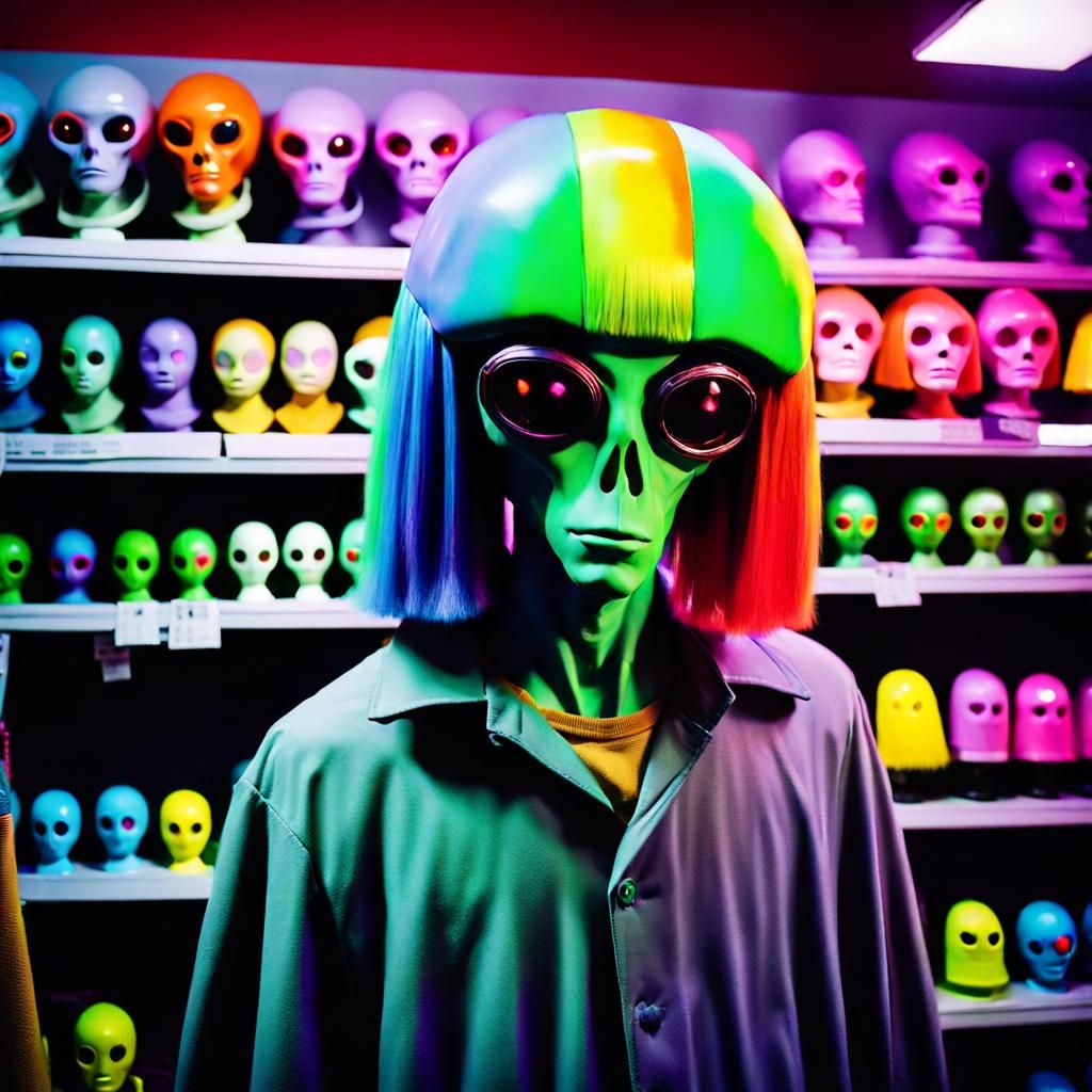 Alien Costume Shopping: A Surreal Cinematic Still