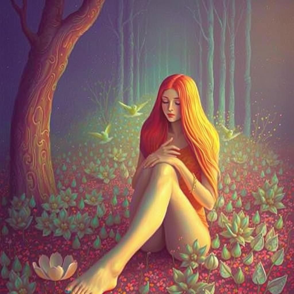 Fairytale Woman Surrounded by Birds and Flowers