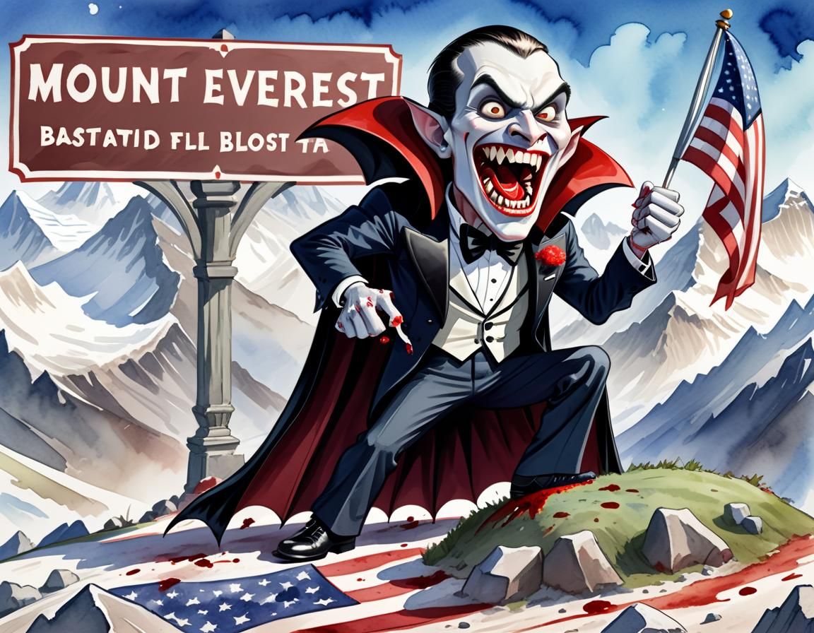 Extreme wide shot of (one traditional cartoon vampire:5.0) with large fangs, wearing a black tuxedo and a cape, laughing...