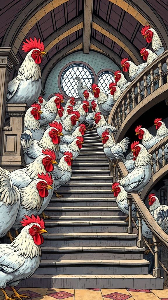 Giant Chickens in Art Nouveau Henhouse