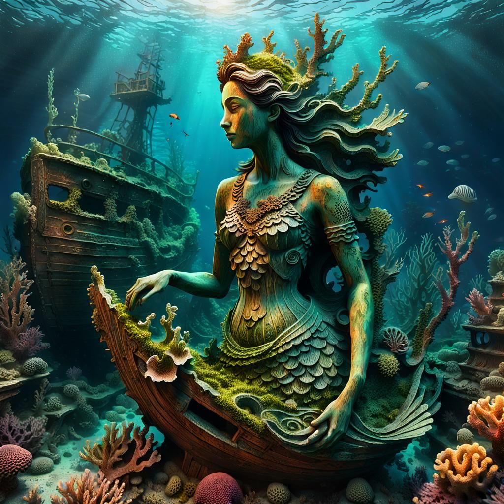 Sunken Ship Mermaid Figurehead in 3D Digital Art
