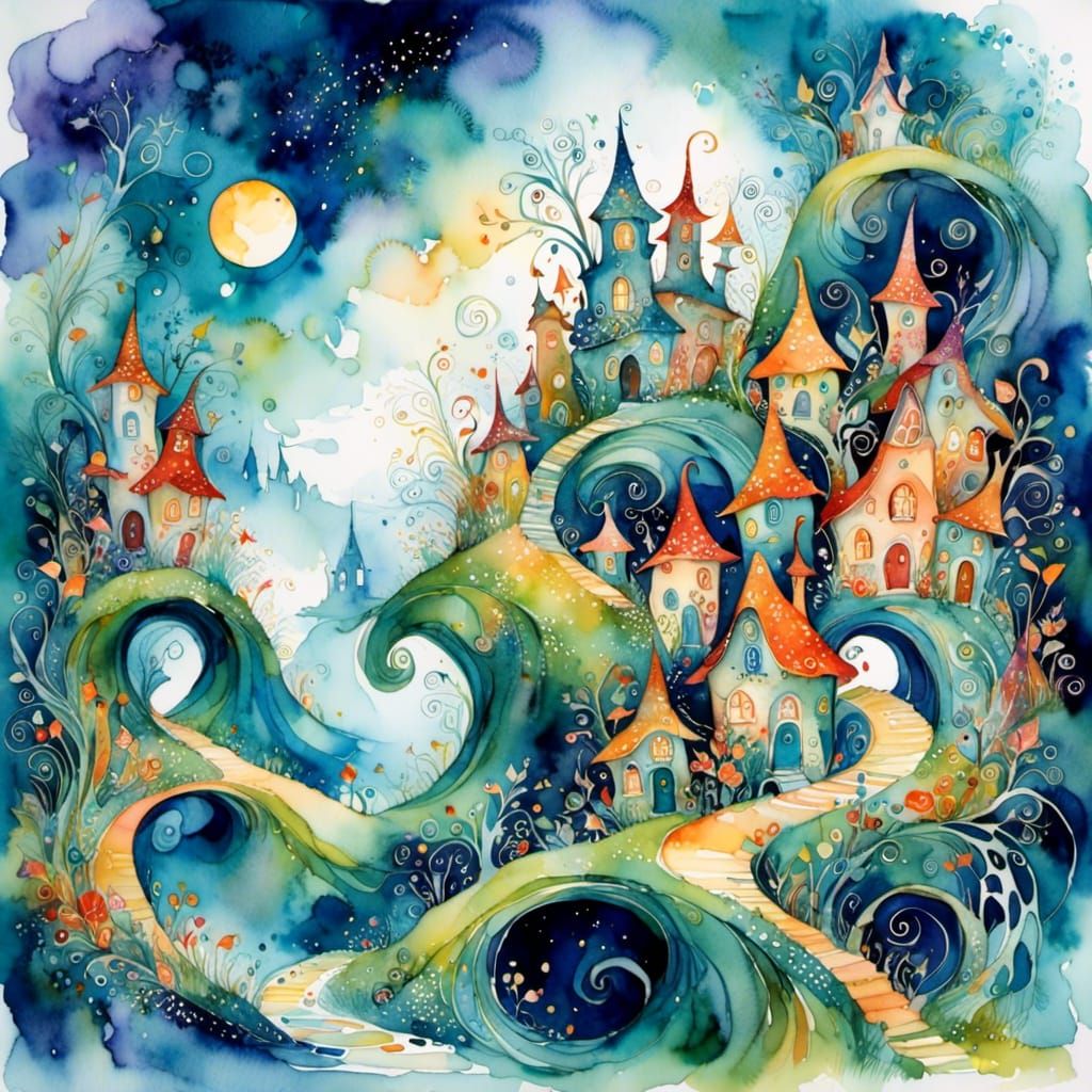 Whimsical Village in Swirling Magic Dreamscape