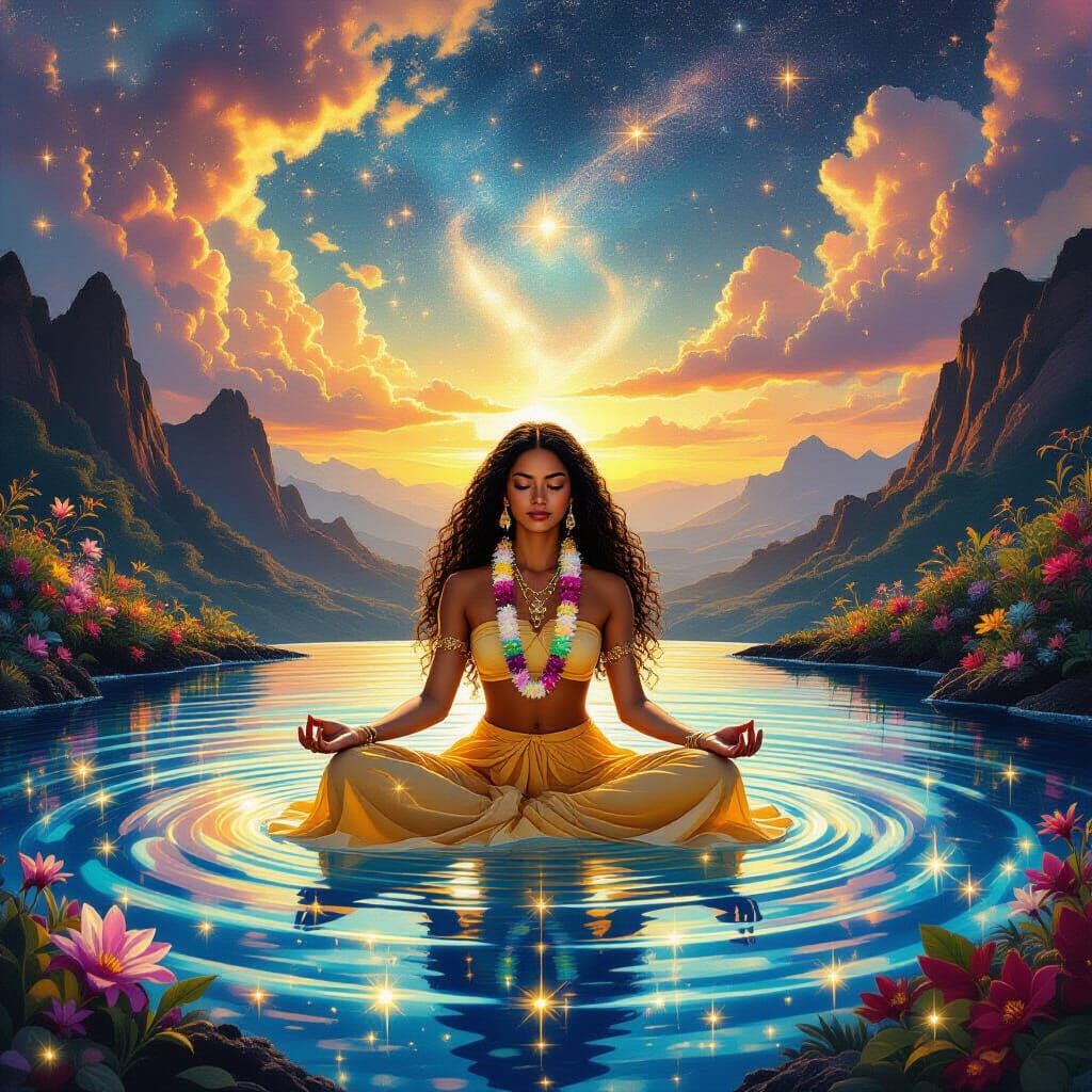 Meditating Hula Dancer in Surreal Bioluminescent Landscape