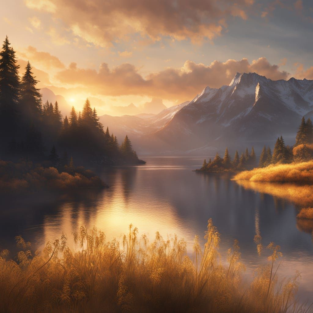 Golden Grasses by Lake in Mountain Alpenglow