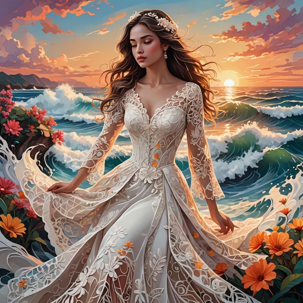 Elegant Lady in Flowery Lace: 3D Digital Art