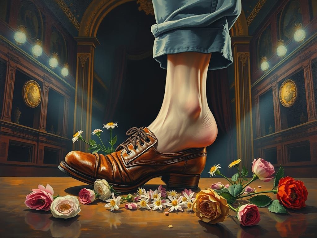 Surreal Foot Crushing Flowers on Stage, Expressionist Style
