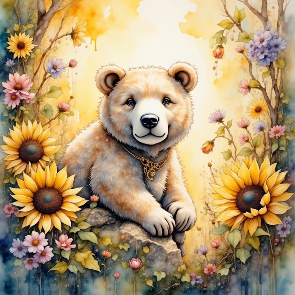Ethereal Bear in a Sunflower Meadow
