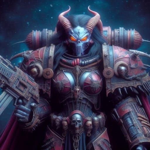 Dark Gothic Space Warrior in Ruined Cityscape