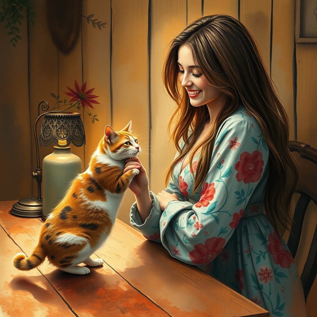 Whimsical Woman in Rustic Coziness, Floral Dress, and Cat