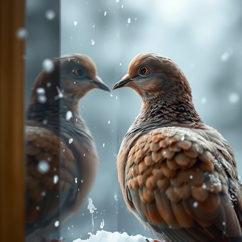 Pigeon Longing: Hyperrealistic Winter Reflection